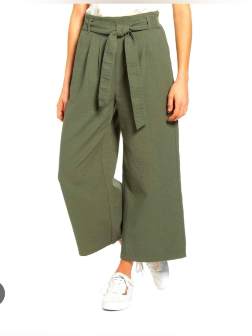 BP. Nordstrom High-Waist Wide Leg Paperbag Pants with Self-Tie Belt - Olive